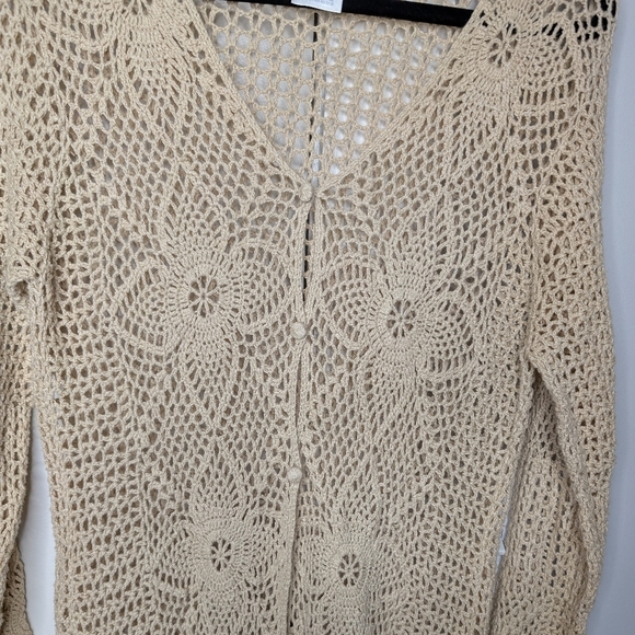 Beige Crochet Long Line Cardigan Vintage Y2K sz S - Picture 3 of 4